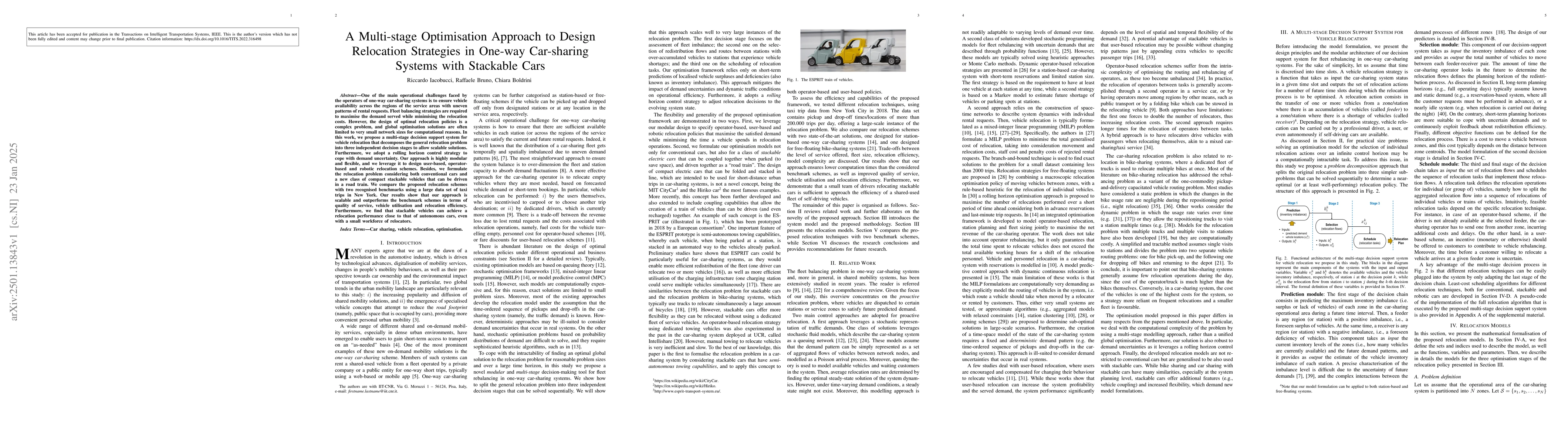 Thumbnail for A Multi-stage Optimisation Approach to Design Relocation Strategies in
  One-way Car-sharing Systems with Stackable Cars