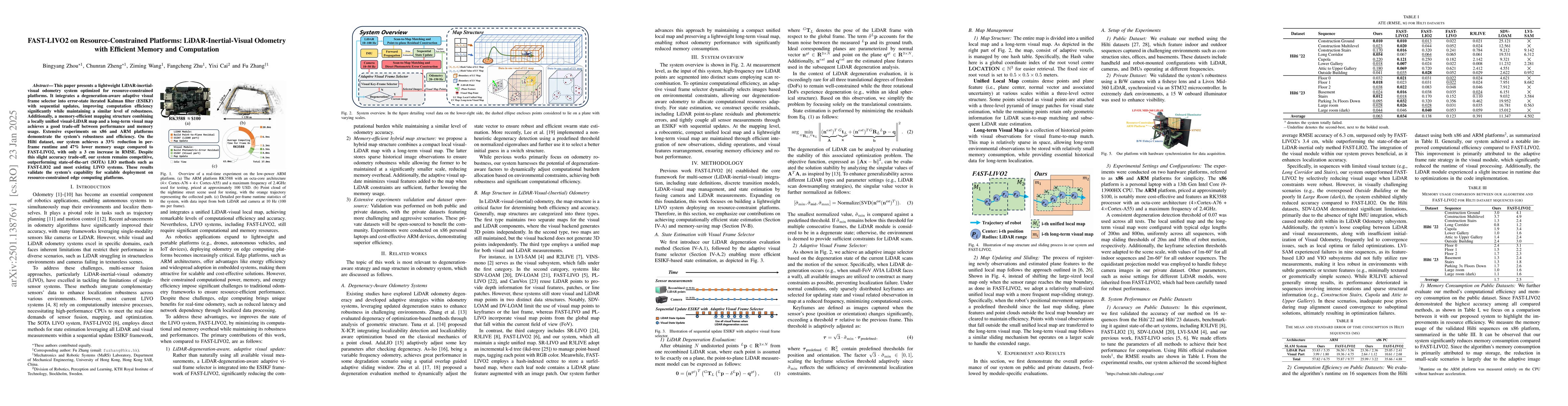 Thumbnail for FAST-LIVO2 on Resource-Constrained Platforms: LiDAR-Inertial-Visual
  Odometry with Efficient Memory and Computation