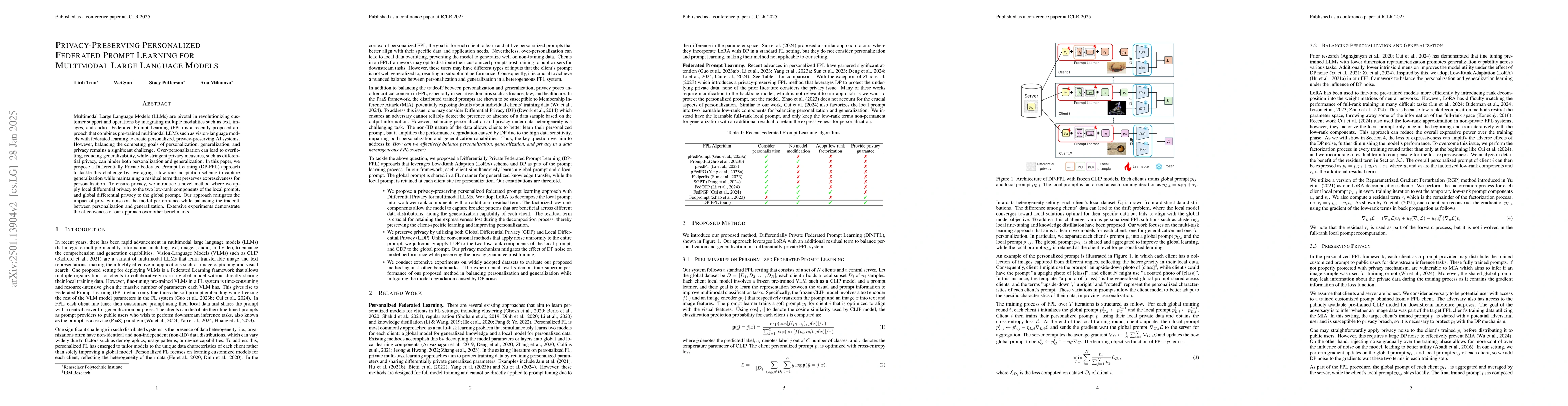 Thumbnail for Privacy-Preserving Personalized Federated Prompt Learning for Multimodal
  Large Language Models