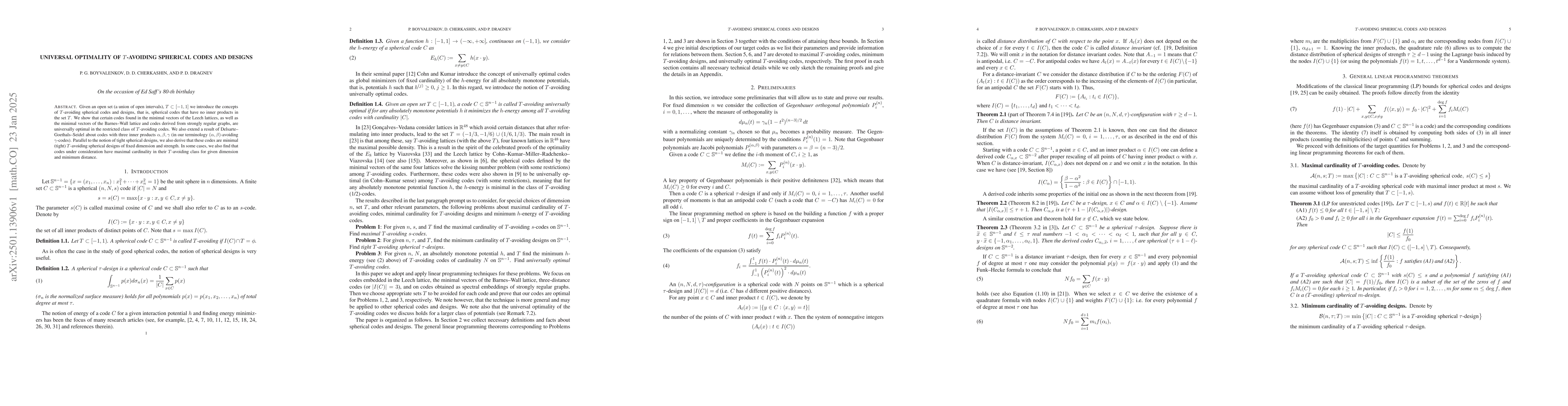 Thumbnail for Universal optimality of $T$-avoiding spherical codes and designs