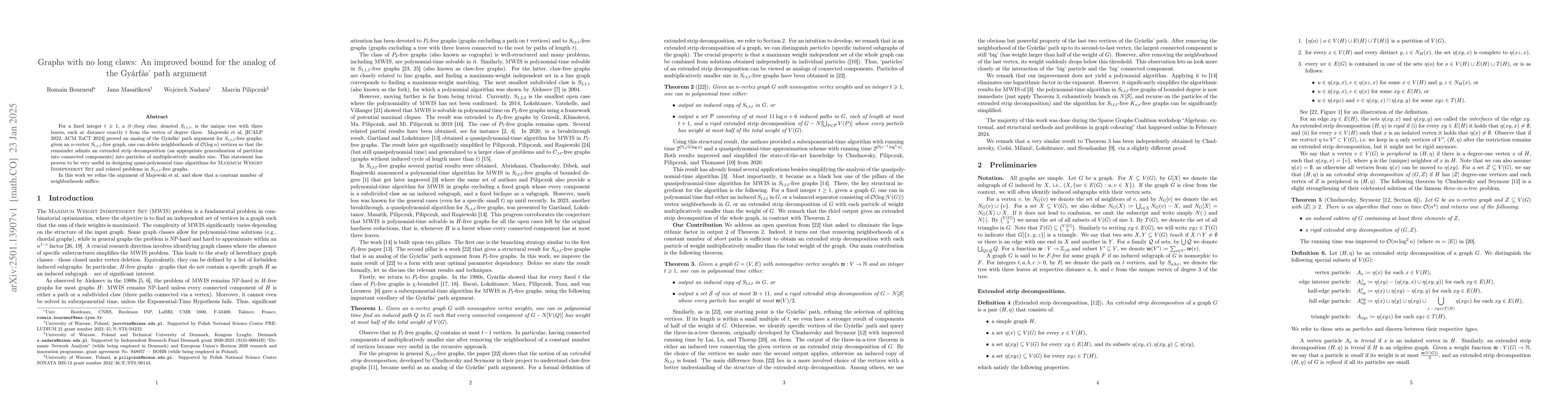 Thumbnail for Graphs with no long claws: An improved bound for the analog of the
  Gyárfás' path argument