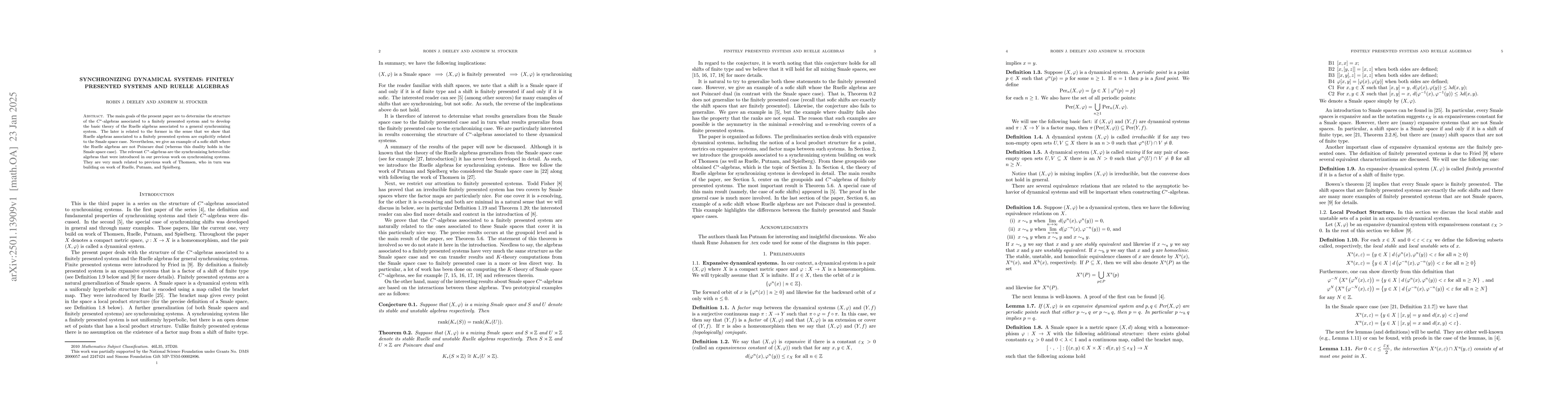 Thumbnail for Synchronizing Dynamical Systems: Finitely presented systems and Ruelle
  algebras