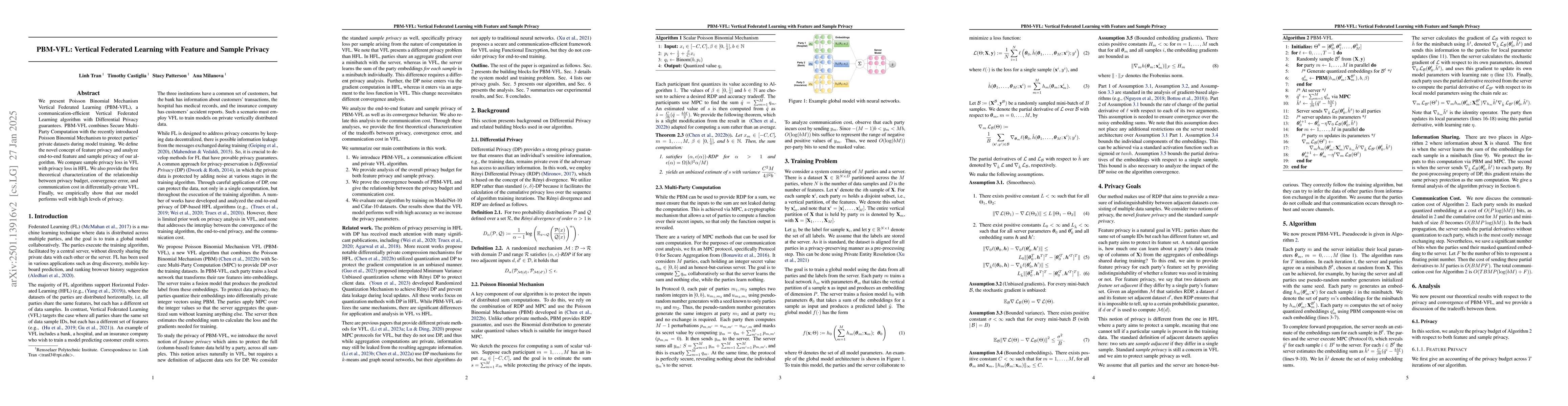 Thumbnail for PBM-VFL: Vertical Federated Learning with Feature and Sample Privacy