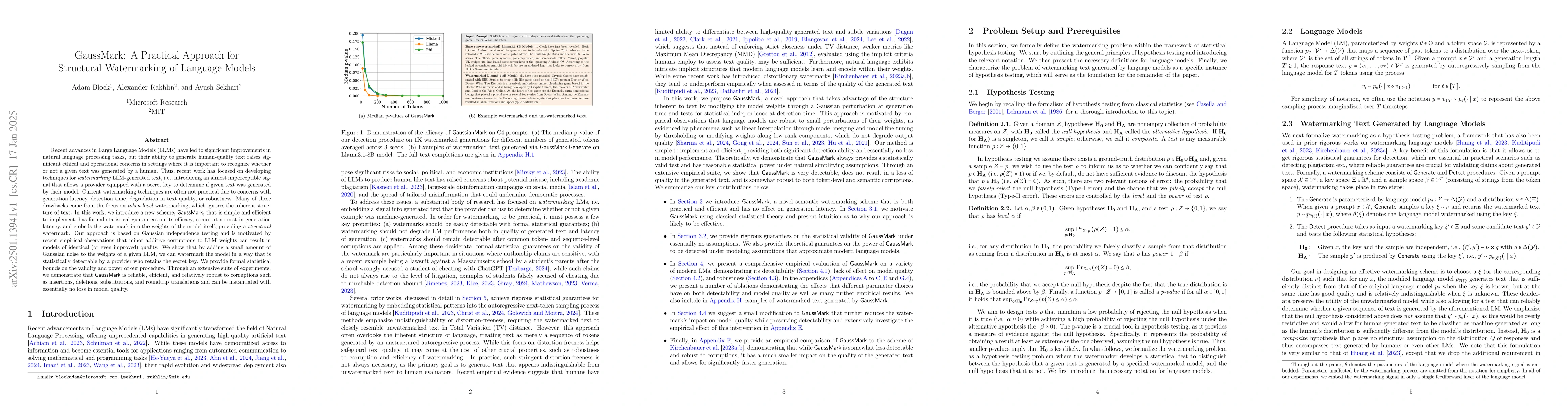Thumbnail for GaussMark: A Practical Approach for Structural Watermarking of Language
  Models
