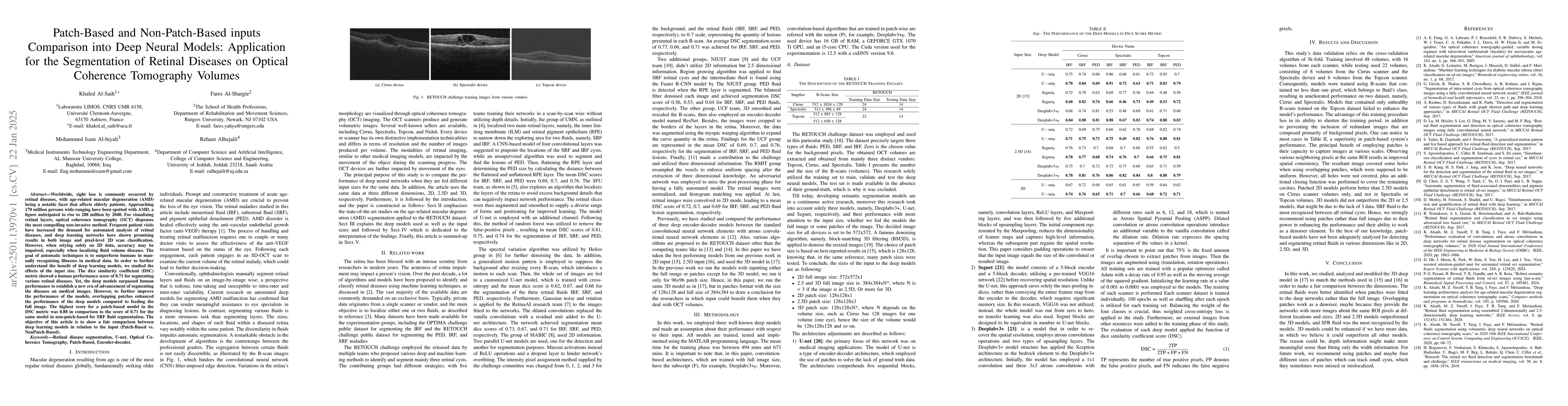 Thumbnail for Patch-Based and Non-Patch-Based inputs Comparison into Deep Neural
  Models: Application for the Segmentation of Retinal Diseases on Optical
  Coherence Tomography Volumes
