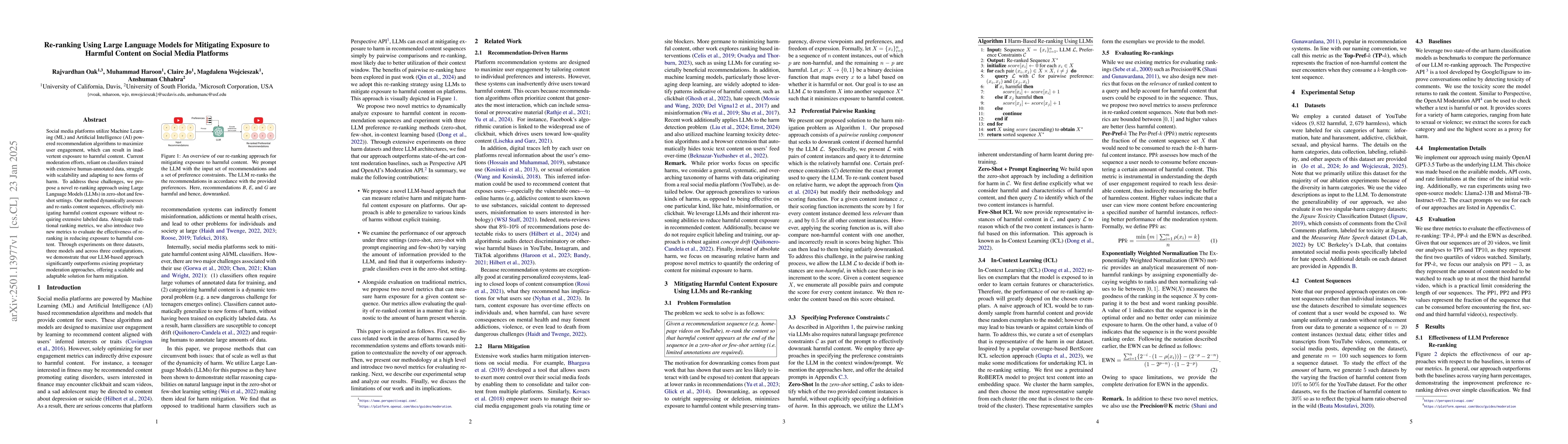 Thumbnail for Re-ranking Using Large Language Models for Mitigating Exposure to
  Harmful Content on Social Media Platforms