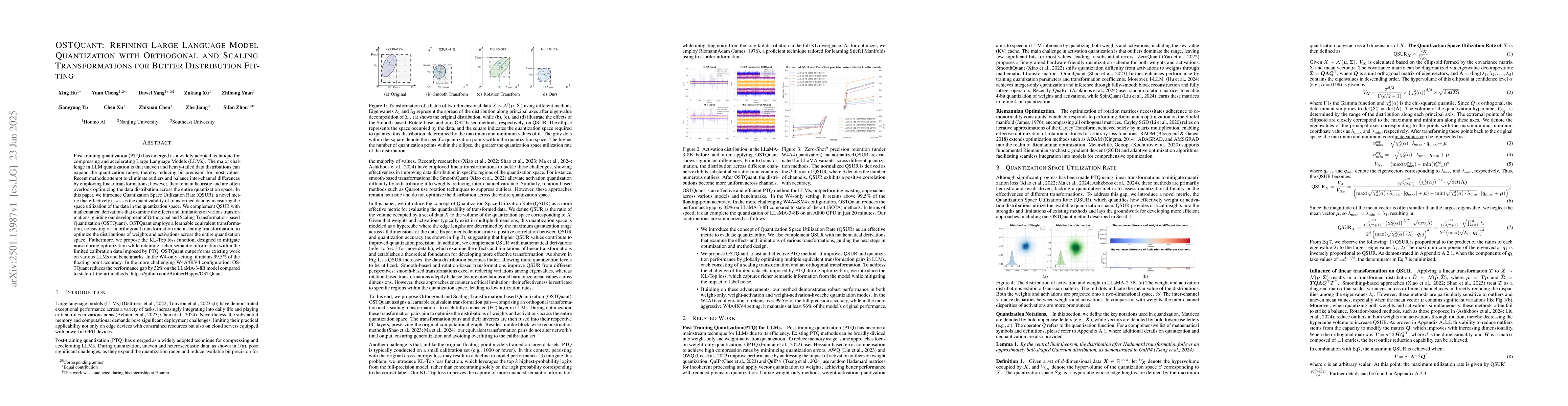 Thumbnail for OstQuant: Refining Large Language Model Quantization with Orthogonal and
  Scaling Transformations for Better Distribution Fitting