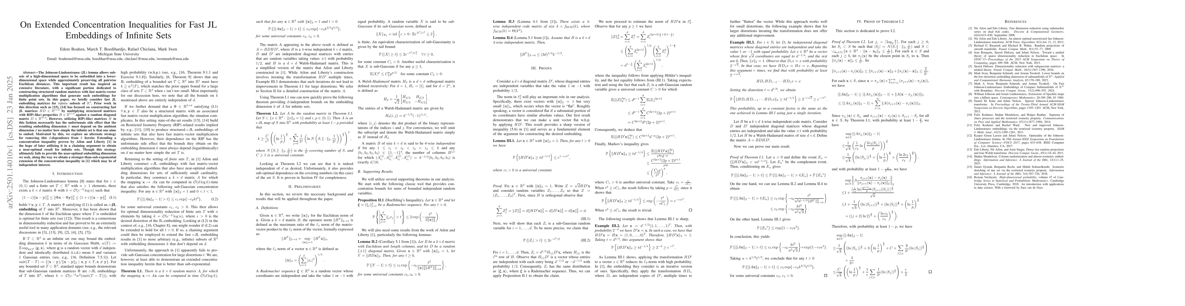 Thumbnail for On Extended Concentration Inequalities for Fast JL Embeddings of
  Infinite Sets
