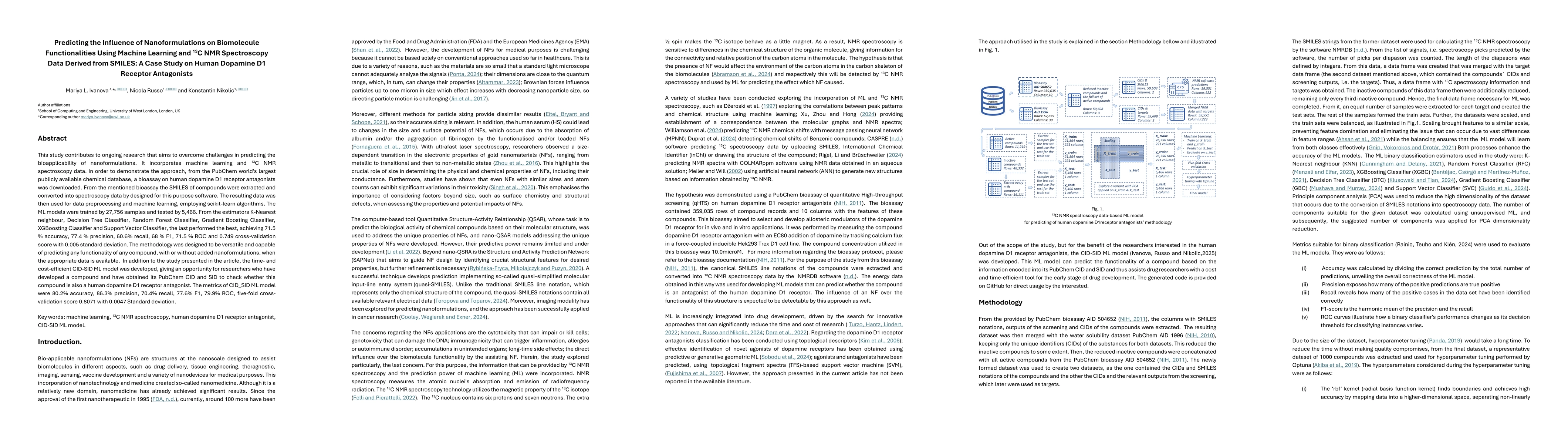 Thumbnail for Predicting the Influence of Nanoformulations on Biomolecule
  Functionalities Using Machine Learning and $^{13}$C NMR Spectroscopy Data
  Derived from SMILES: A Case Study on Human Dopamine D1 Receptor Antagonists