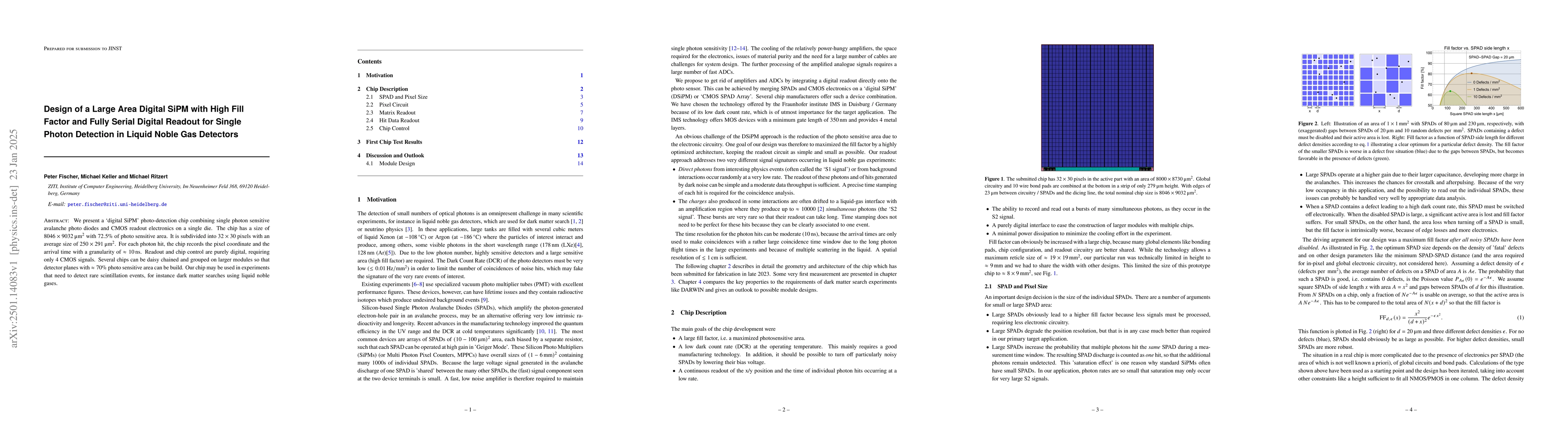 Thumbnail for Design of a Large Area Digital SiPM with High Fill Factor and Fully
  Serial Digital Readout for Single Photon Detection in Liquid Noble Gas
  Detectors