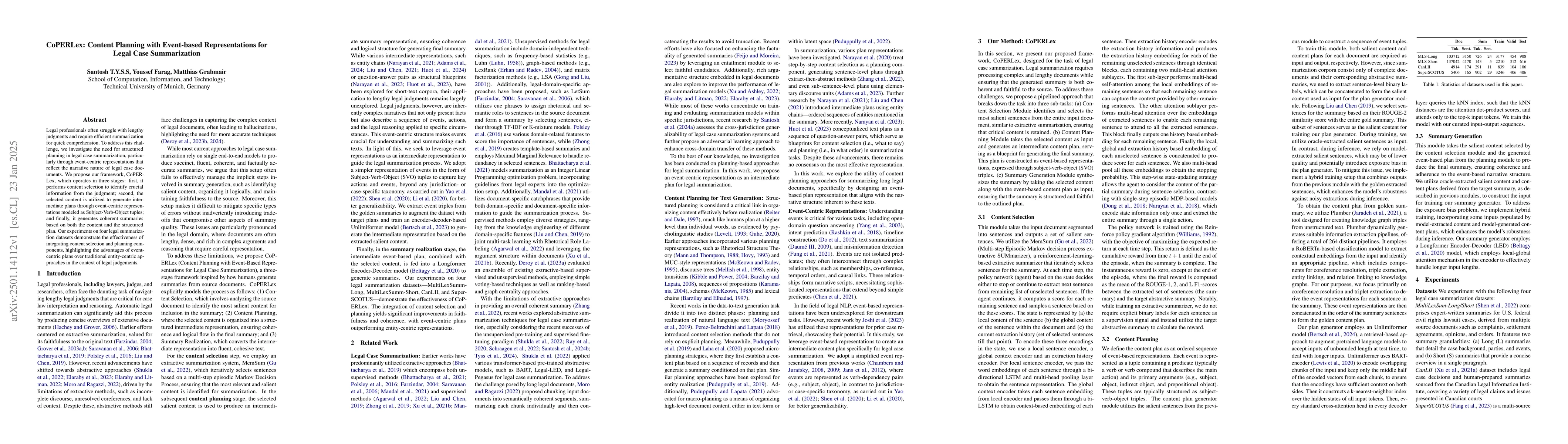 Thumbnail for CoPERLex: Content Planning with Event-based Representations for Legal
  Case Summarization