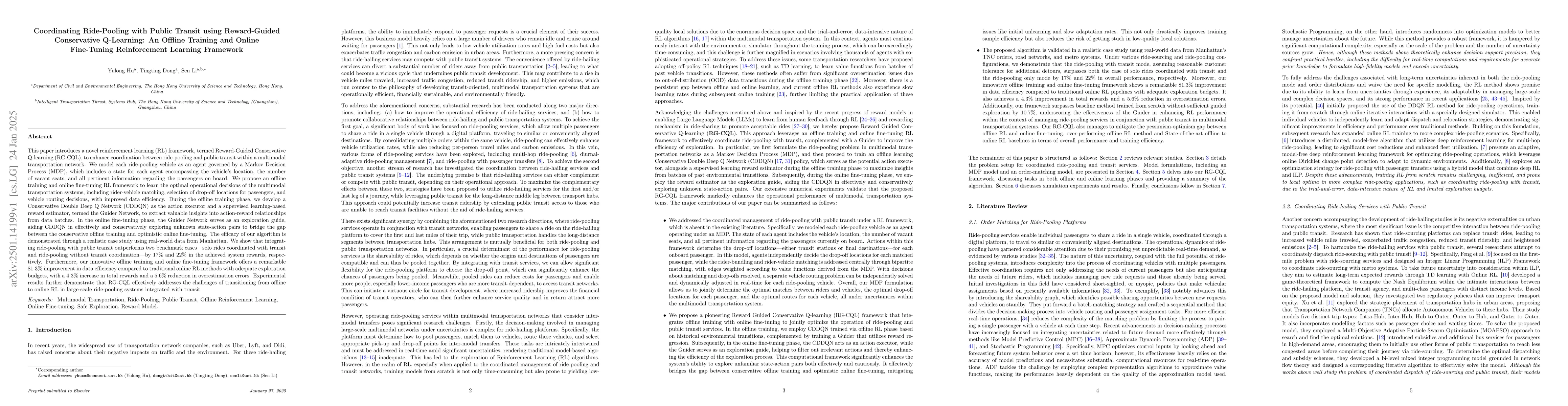 Thumbnail for Coordinating Ride-Pooling with Public Transit using Reward-Guided
  Conservative Q-Learning: An Offline Training and Online Fine-Tuning
  Reinforcement Learning Framework