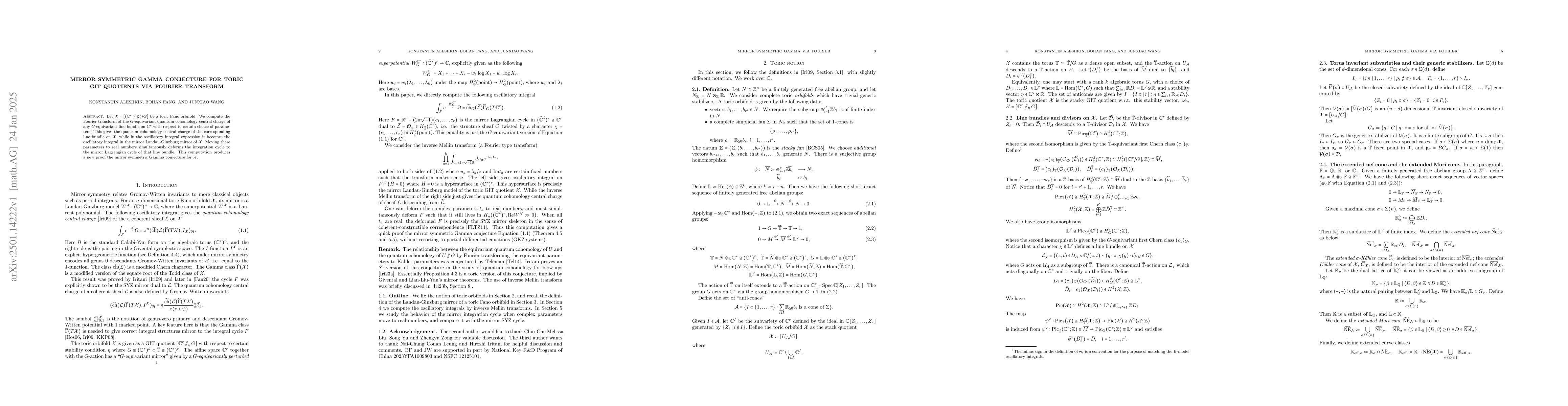 Thumbnail for Mirror symmetric Gamma conjecture for toric GIT quotients via Fourier
  transform