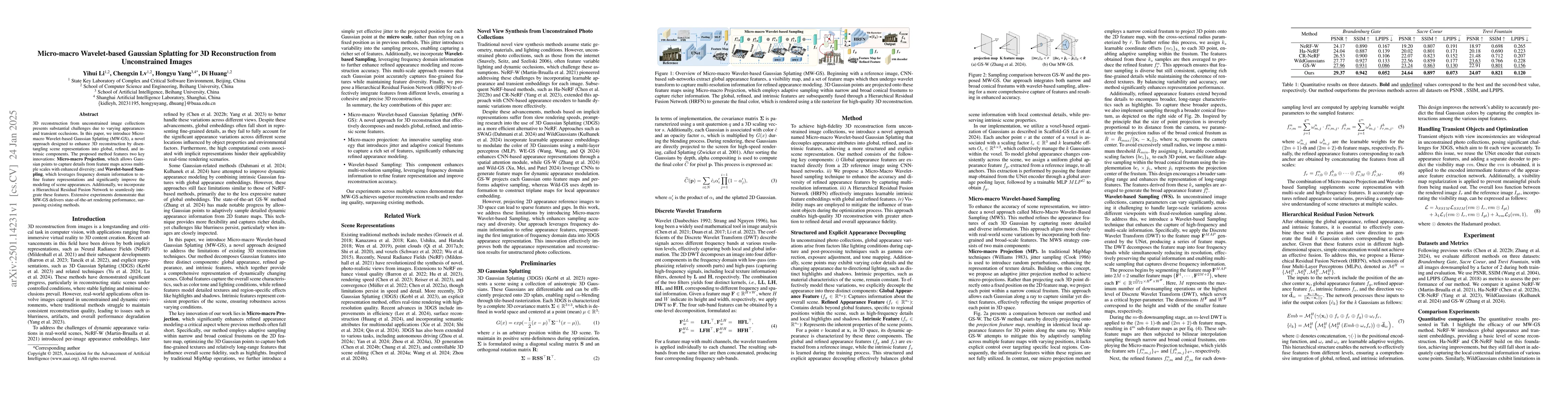 Thumbnail for Micro-macro Wavelet-based Gaussian Splatting for 3D Reconstruction from
  Unconstrained Images