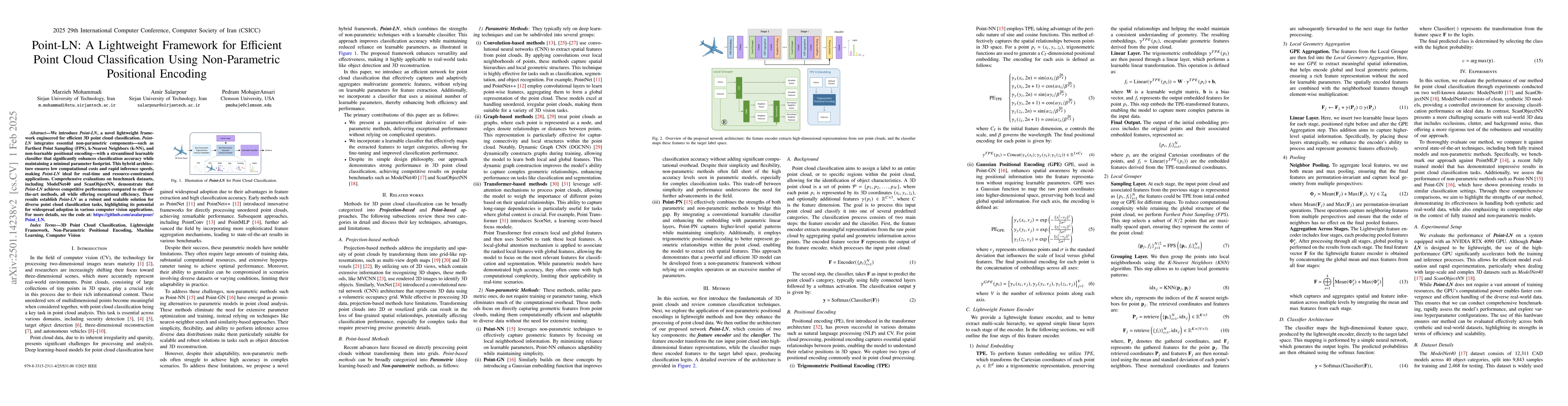 Thumbnail for Point-LN: A Lightweight Framework for Efficient Point Cloud
  Classification Using Non-Parametric Positional Encoding