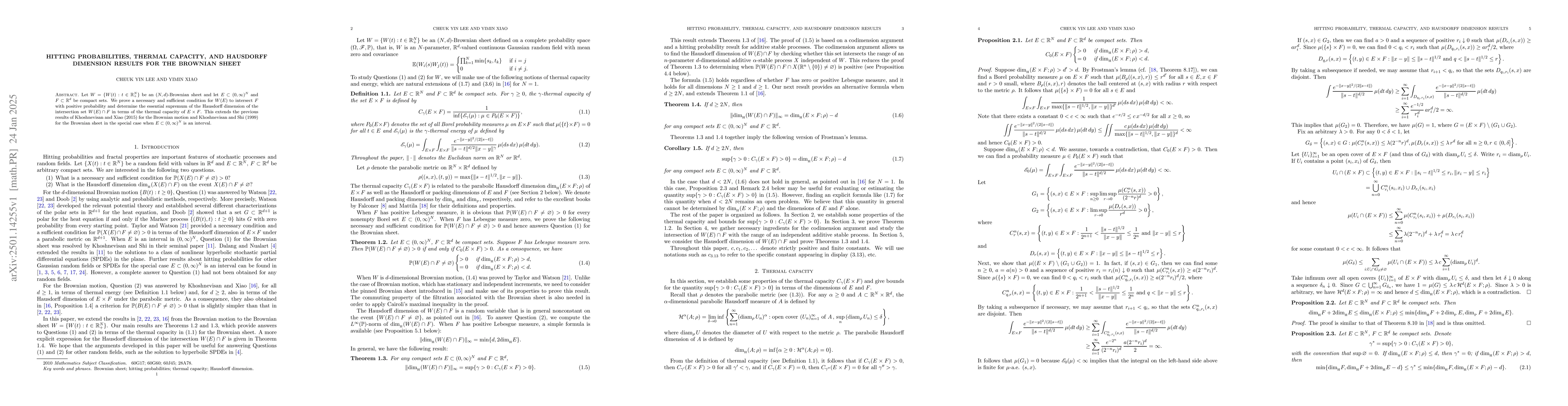 Thumbnail for Hitting probabilities, thermal capacity, and Hausdorff dimension results
  for the Brownian sheet