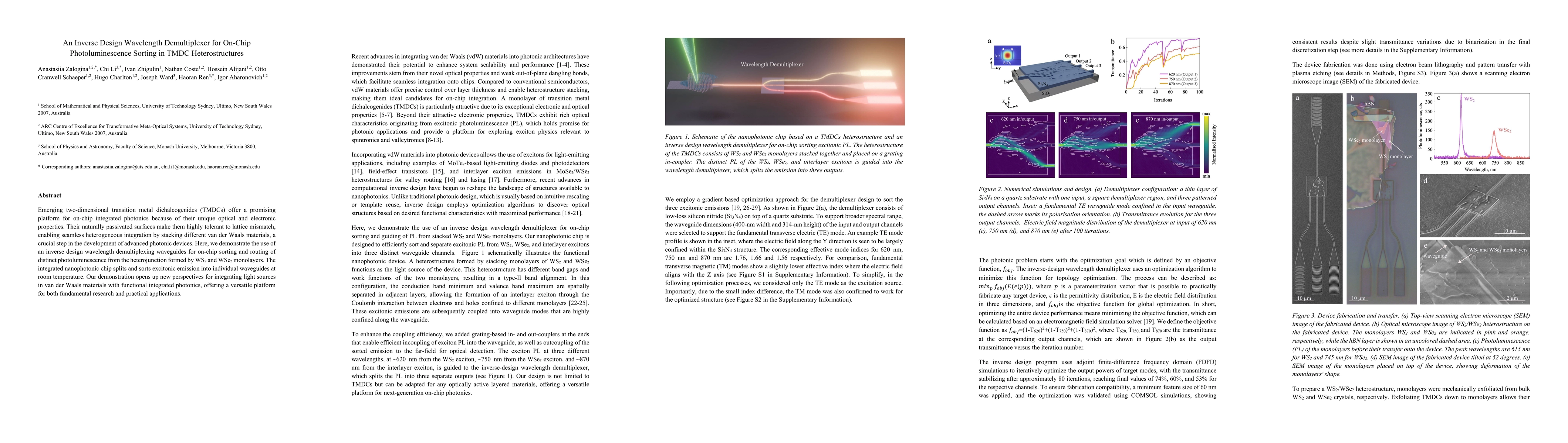 Thumbnail for An Inverse Design Wavelength Demultiplexer for On-Chip Photoluminescence
  Sorting in TMDC Heterostructures