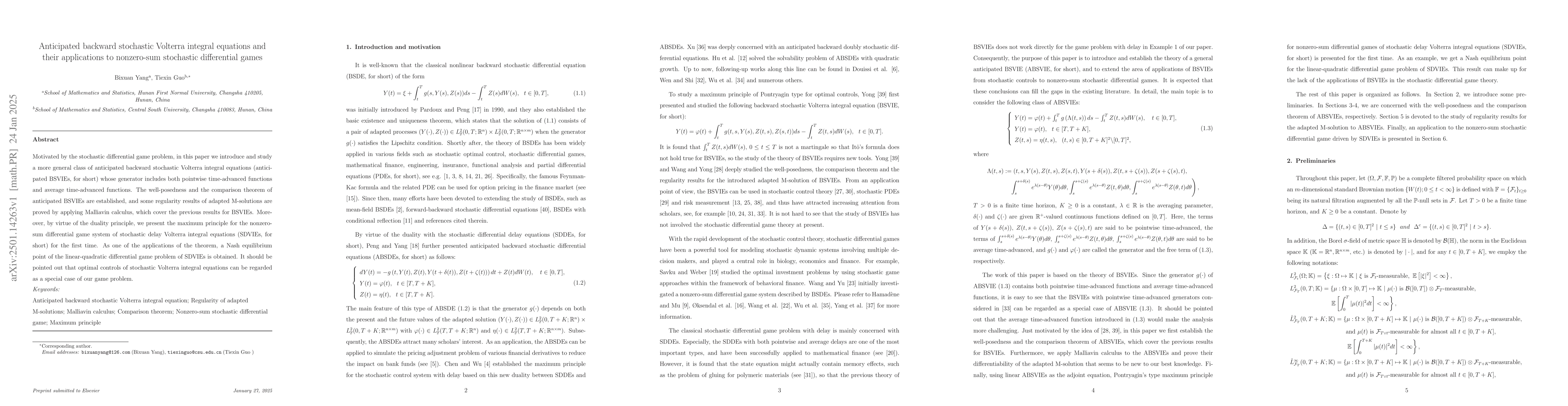 Thumbnail for Anticipated backward stochastic Volterra integral equations and their
  applications to nonzero-sum stochastic differential games