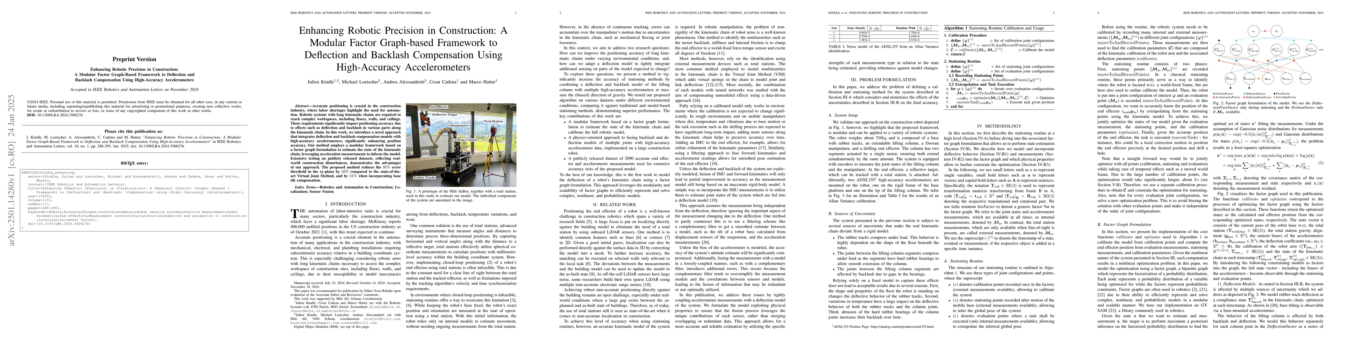 Thumbnail for Enhancing Robotic Precision in Construction: A Modular Factor
  Graph-Based Framework to Deflection and Backlash Compensation Using
  High-Accuracy Accelerometers