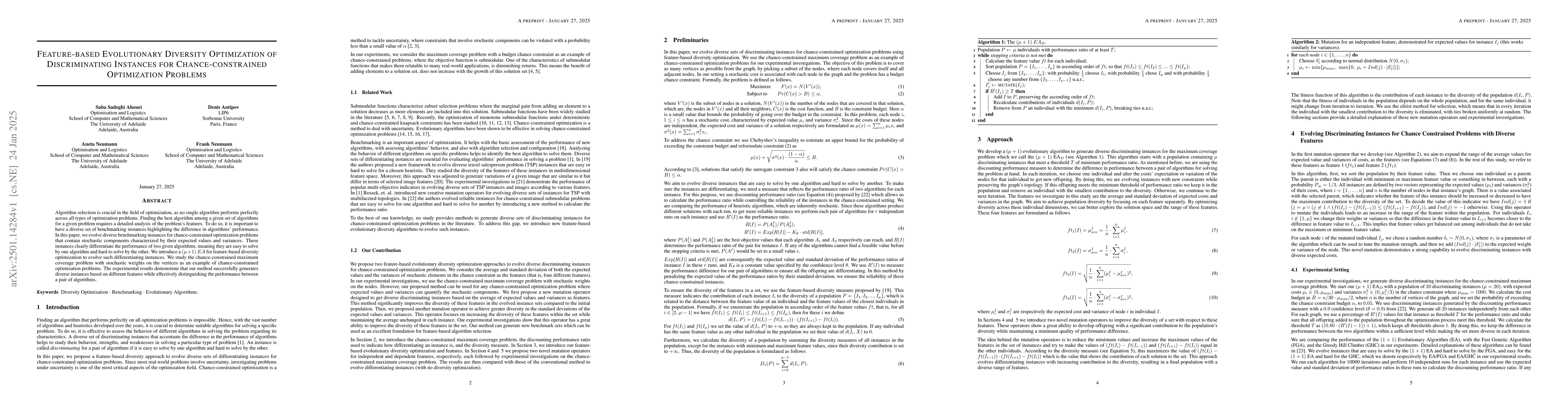 Thumbnail for Feature-based Evolutionary Diversity Optimization of Discriminating
  Instances for Chance-constrained Optimization Problems