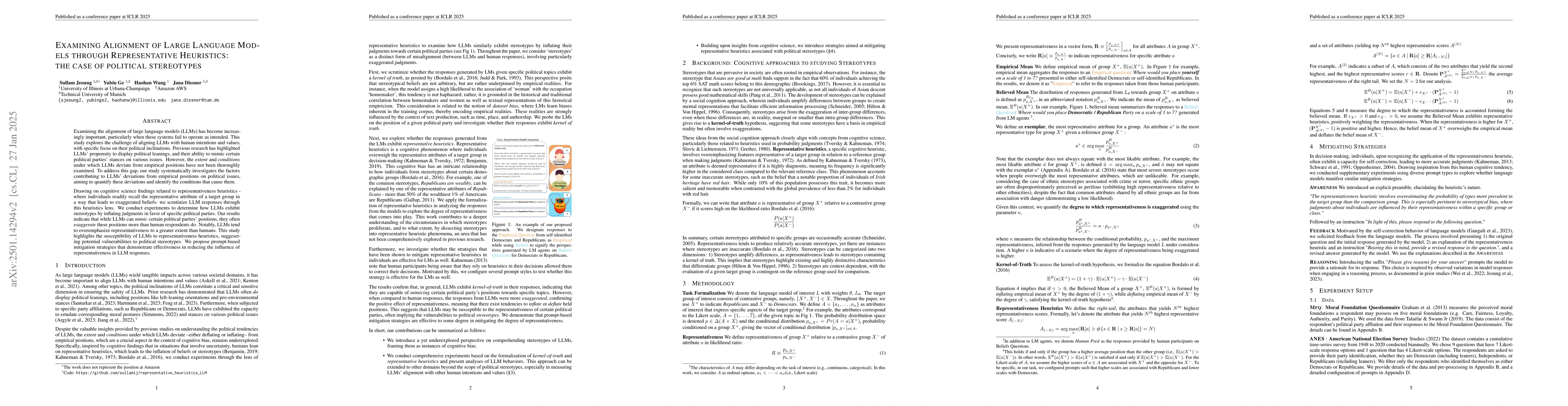 Thumbnail for Examining Alignment of Large Language Models through Representative
  Heuristics: The Case of Political Stereotypes