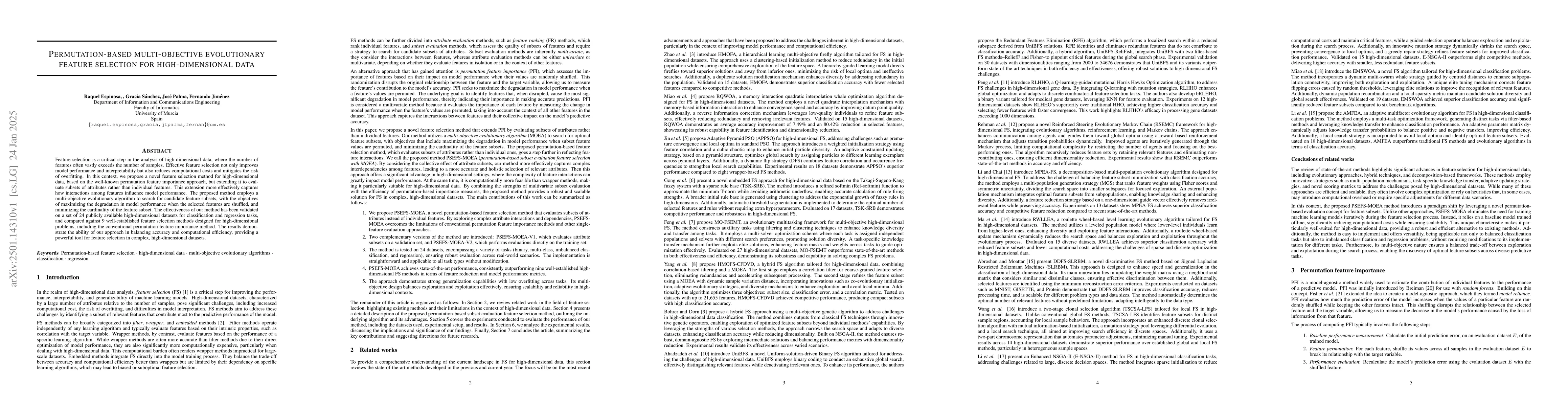 Thumbnail for Permutation-based multi-objective evolutionary feature selection for
  high-dimensional data