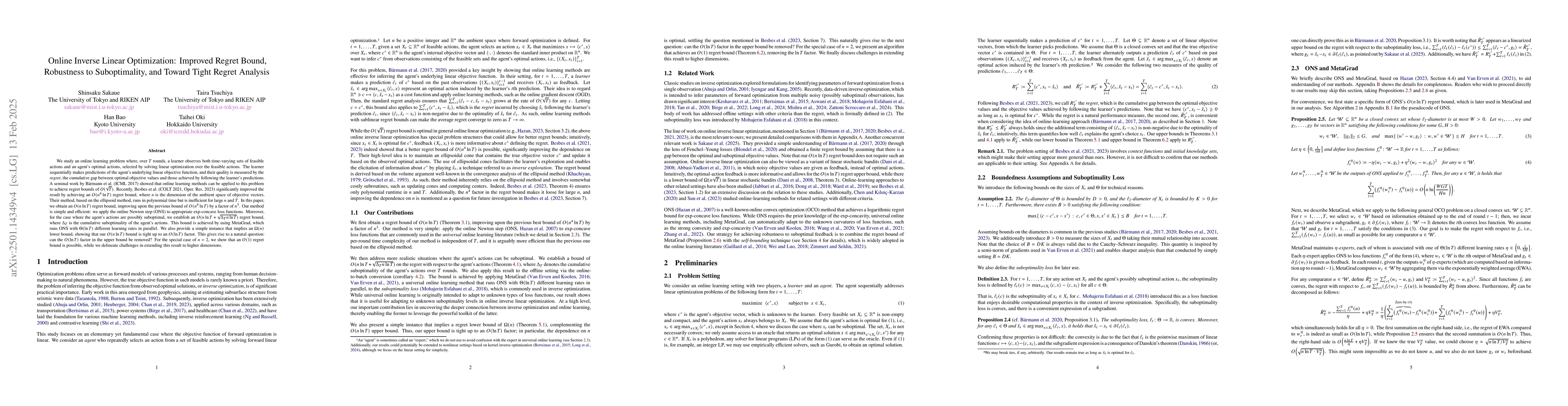 Thumbnail for Online Inverse Linear Optimization: Improved Regret Bound, Robustness to
  Suboptimality, and Toward Tight Regret Analysis
