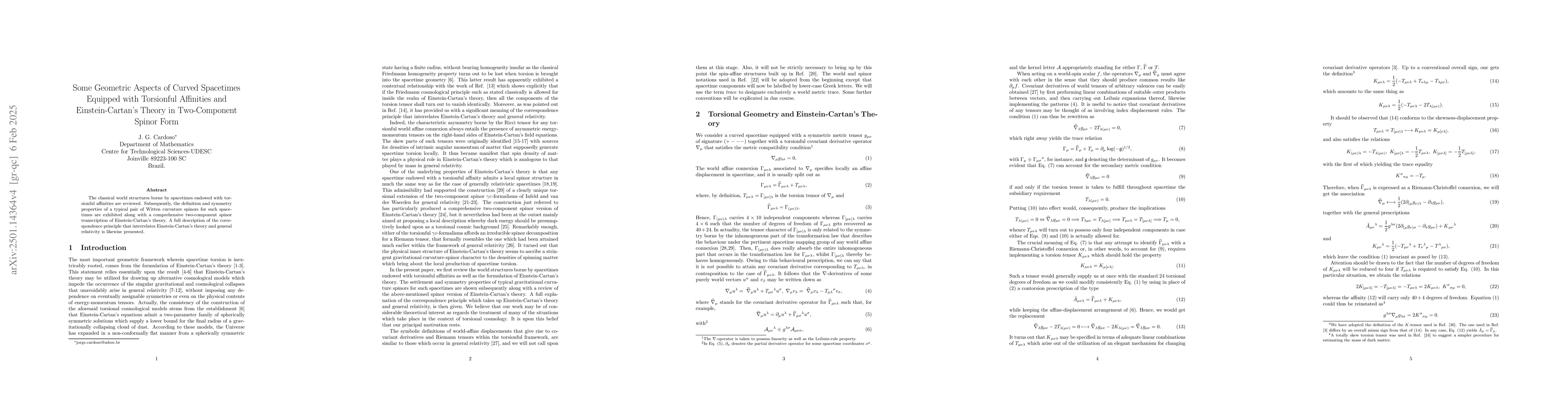 Thumbnail for Some Geometric Aspects of Curved Spacetimes Equipped with Torsionful
  Affinities and Einstein-Cartan's Theory in Two-Component Spinor Form