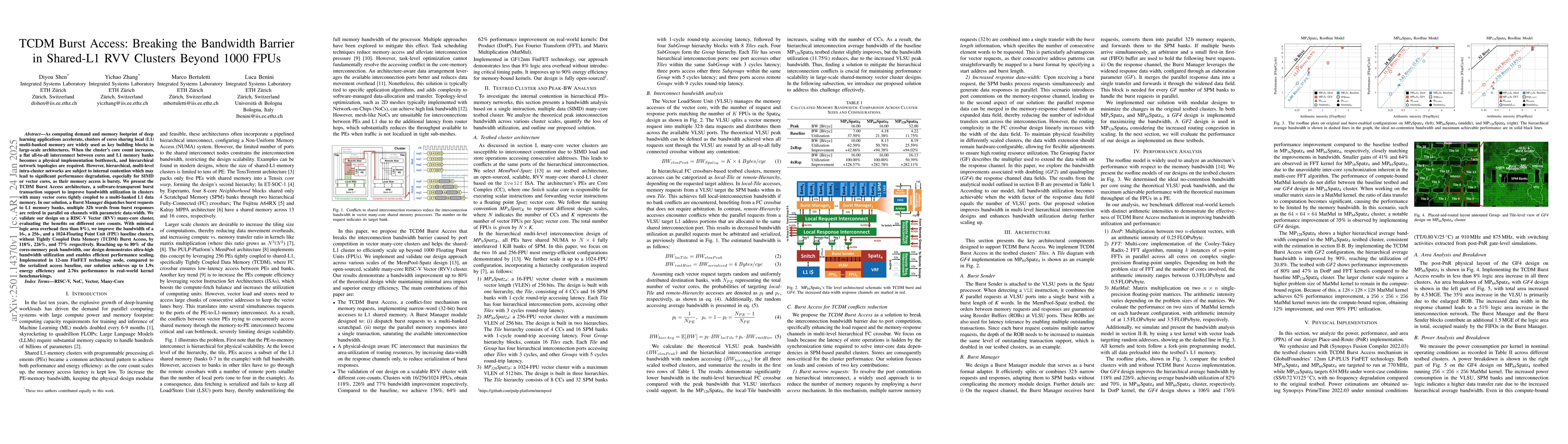 Thumbnail for TCDM Burst Access: Breaking the Bandwidth Barrier in Shared-L1 RVV
  Clusters Beyond 1000 FPUs