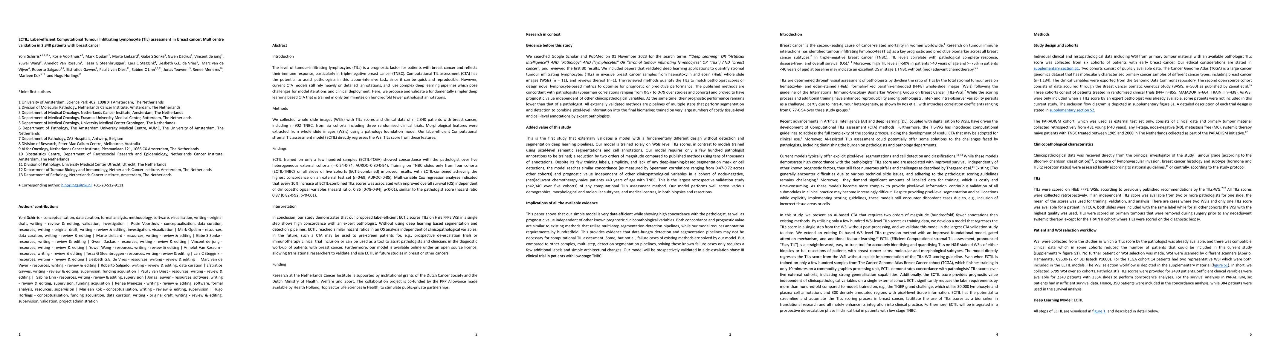 Thumbnail for ECTIL: Label-efficient Computational Tumour Infiltrating Lymphocyte
  (TIL) assessment in breast cancer: Multicentre validation in 2,340 patients
  with breast cancer