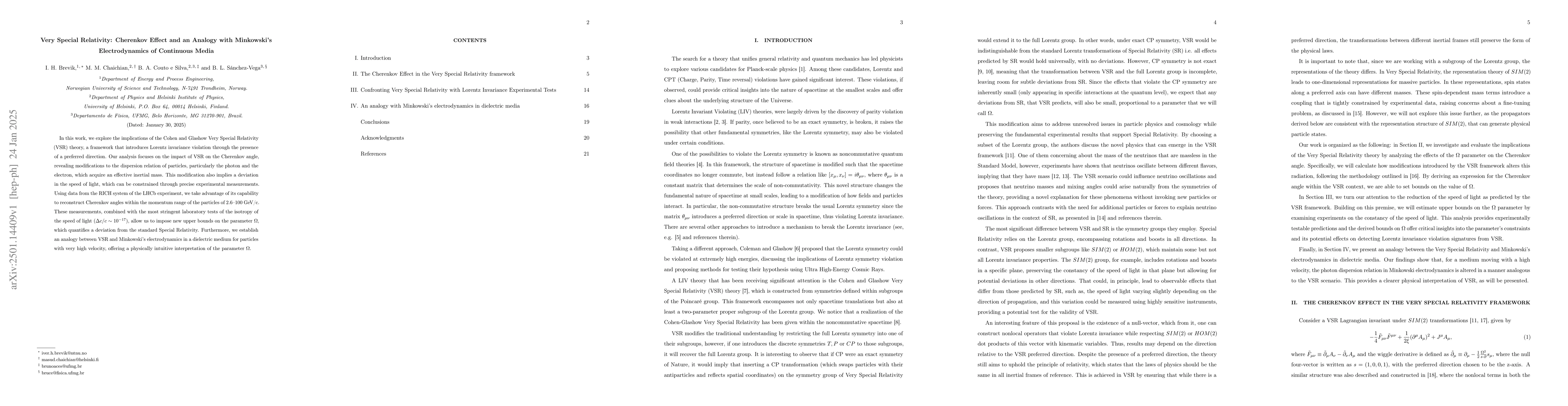 Thumbnail for Very Special Relativity: Cherenkov Effect and an Analogy with
  Minkowski's Electrodynamics of Continuous Media
