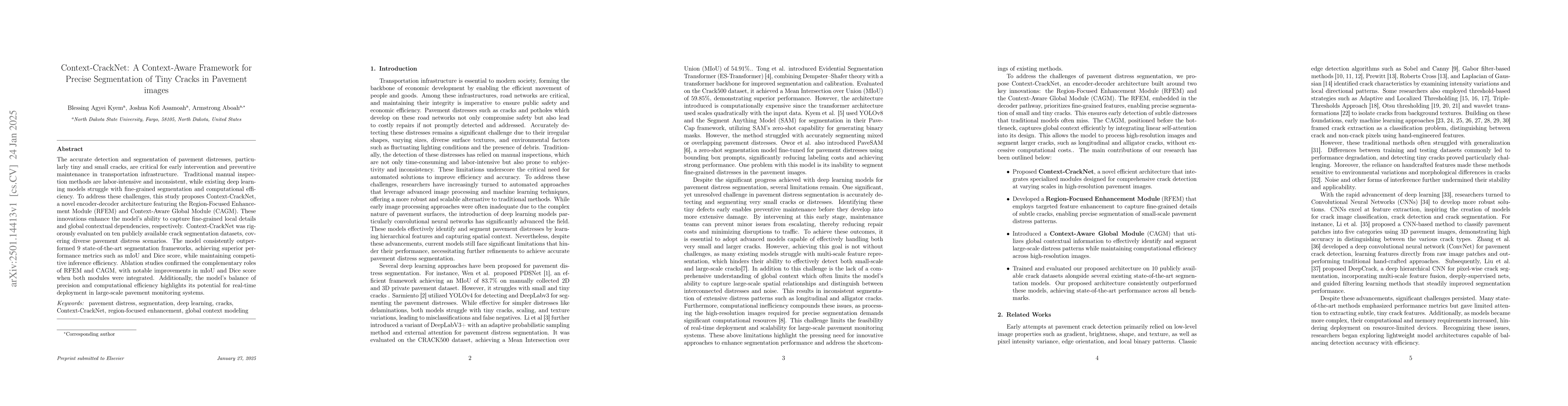 Thumbnail for Context-CrackNet: A Context-Aware Framework for Precise Segmentation of
  Tiny Cracks in Pavement images