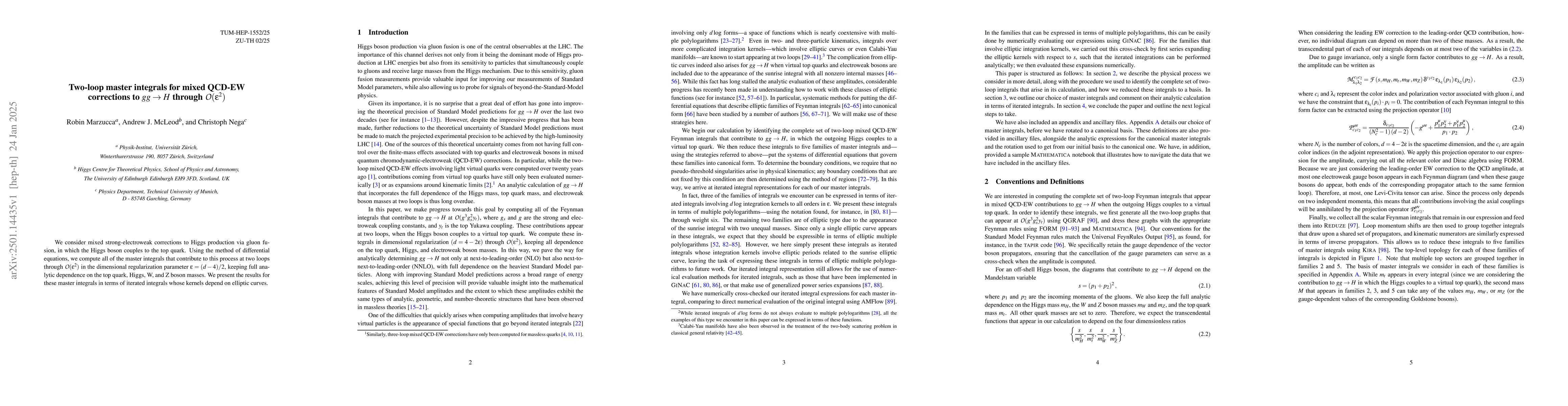 Thumbnail for Two-Loop Master Integrals for Mixed QCD-EW Corrections to $gg \to H$
  Through $\mathcal{O}(ε^2)$