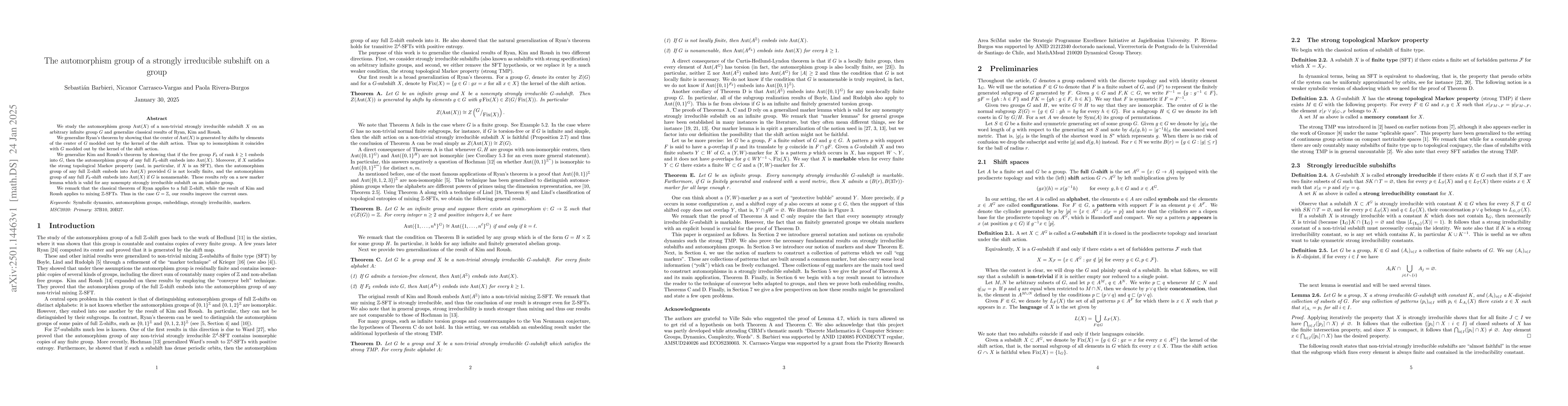 Thumbnail for The automorphism group of a strongly irreducible subshift on a group