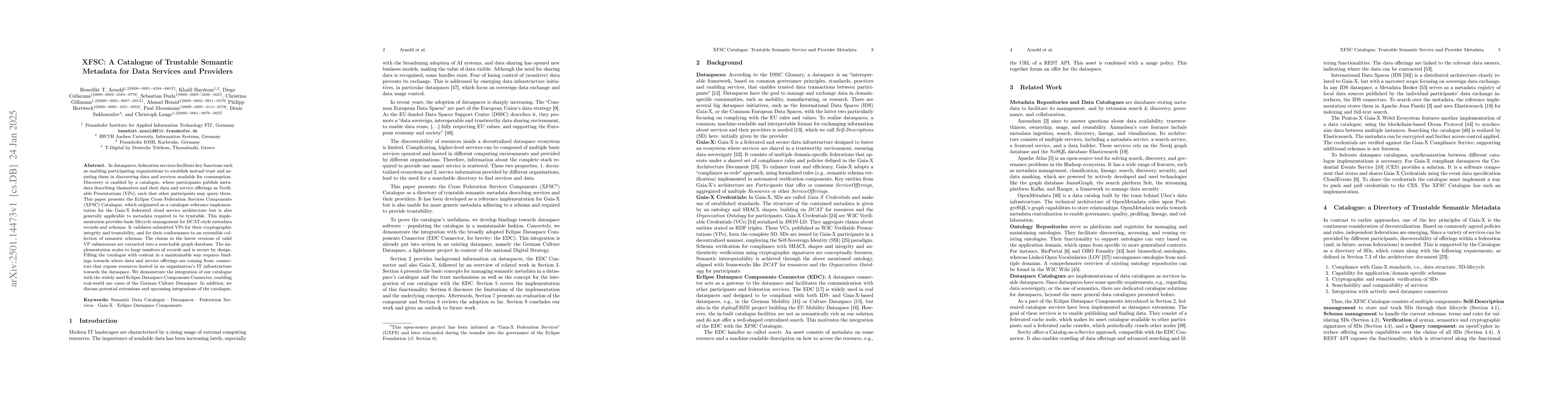 Thumbnail for XFSC: A Catalogue of Trustable Semantic Metadata for Data Services and
  Providers