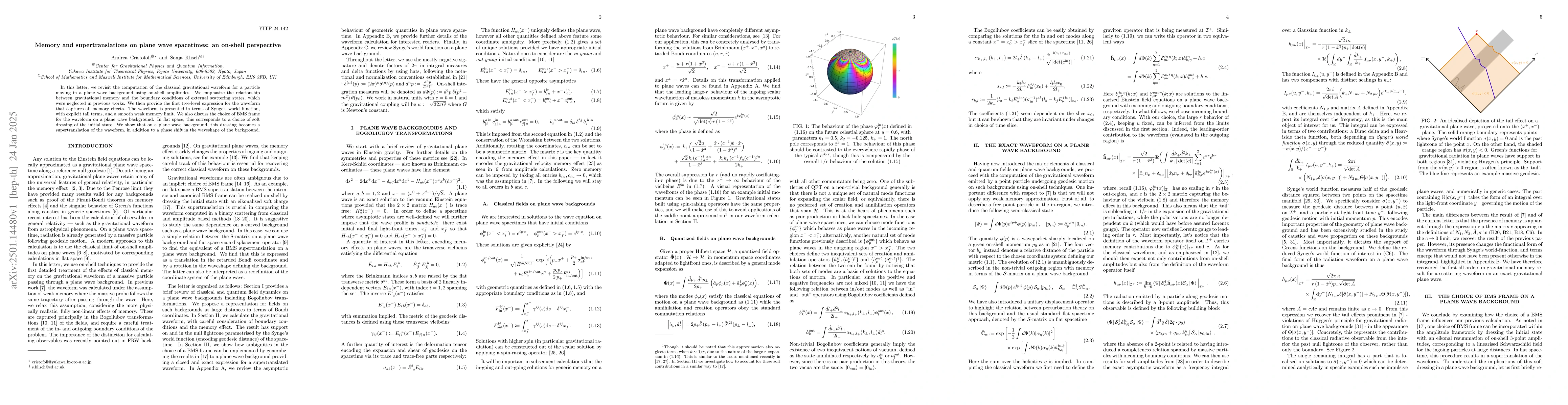 Thumbnail for Memory and supertranslations on plane wave spacetimes: an on-shell
  perspective