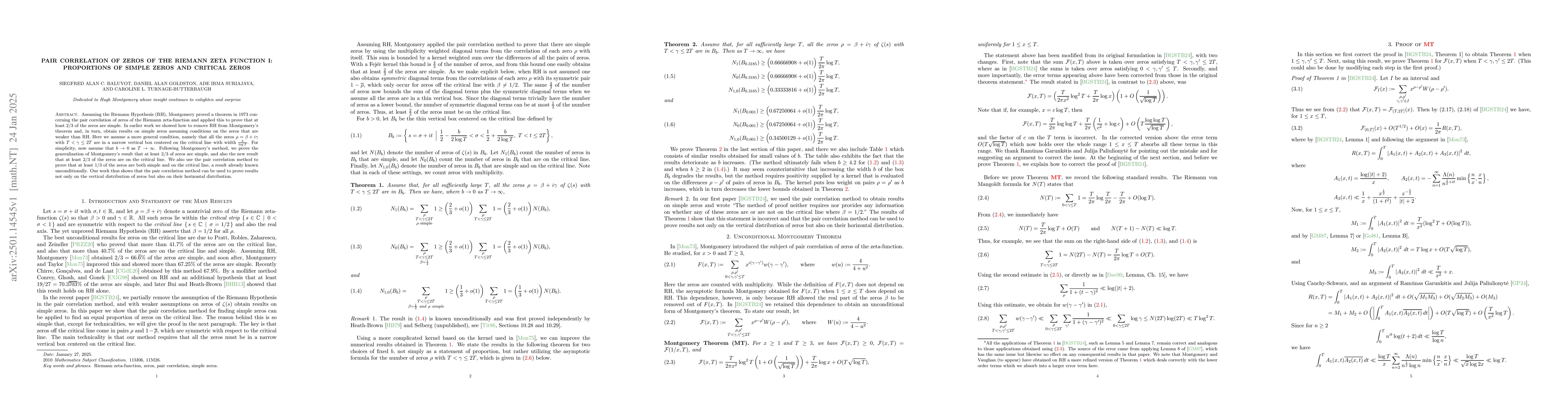 Thumbnail for Pair Correlation of Zeros of the Riemann Zeta Function I: Proportions of
  Simple Zeros and Critical Zeros