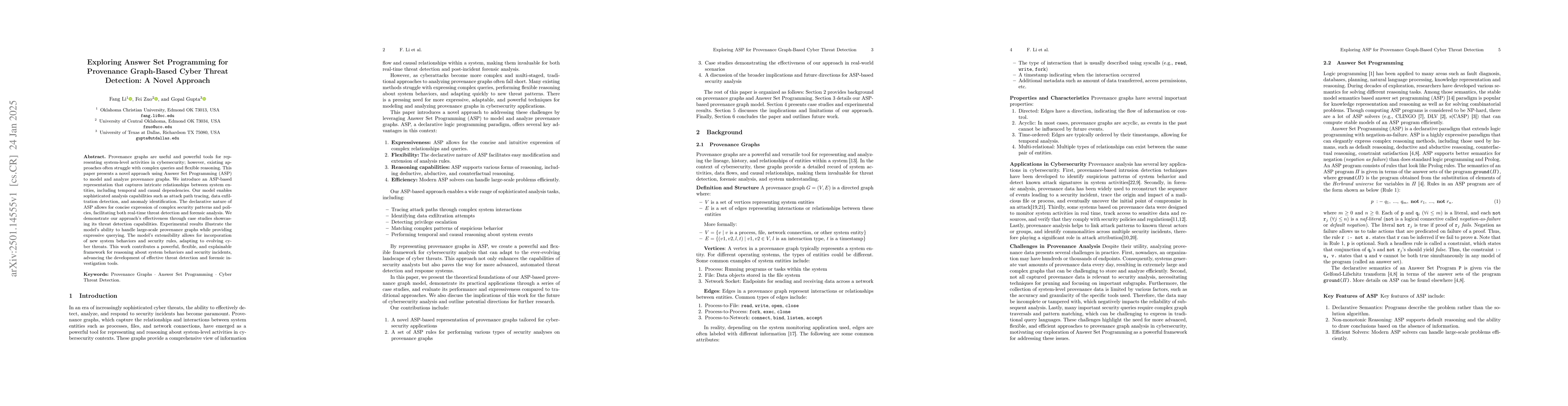 Thumbnail for Exploring Answer Set Programming for Provenance Graph-Based Cyber Threat
  Detection: A Novel Approach