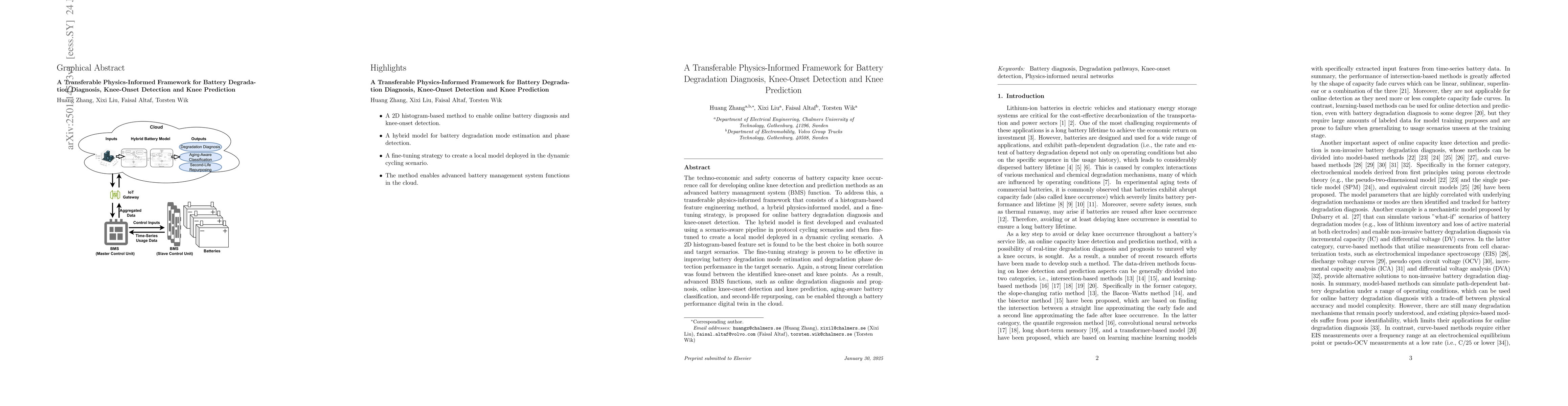 Thumbnail for A Transferable Physics-Informed Framework for Battery Degradation
  Diagnosis, Knee-Onset Detection and Knee Prediction