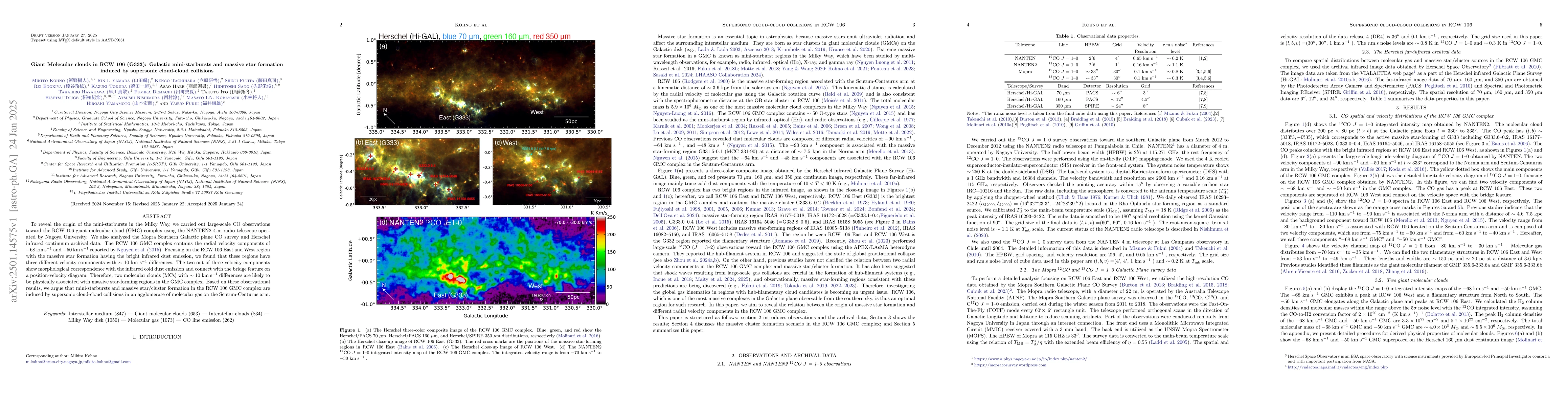 Thumbnail for Giant Molecular Clouds in RCW 106 (G333): Galactic Mini-starbursts and
  Massive Star Formation Induced by Supersonic Cloud-Cloud Collisions