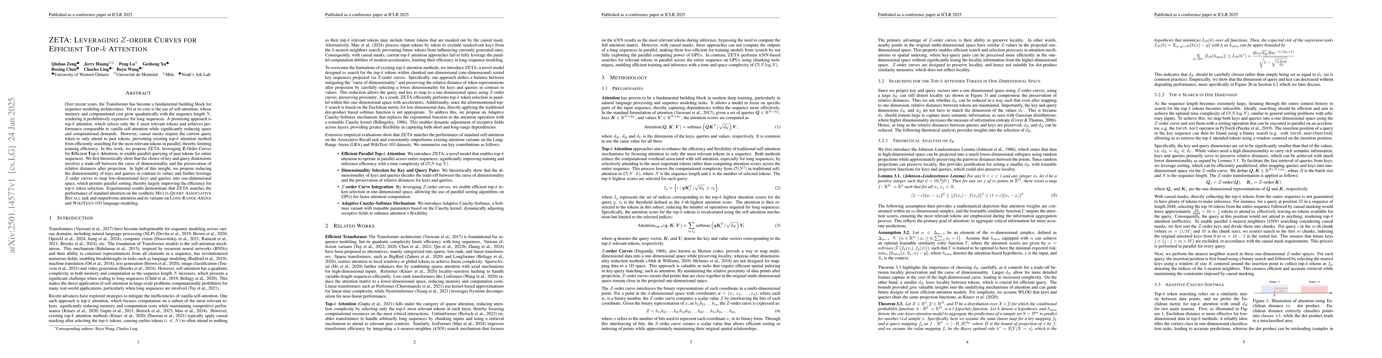 Thumbnail for ZETA: Leveraging Z-order Curves for Efficient Top-k Attention