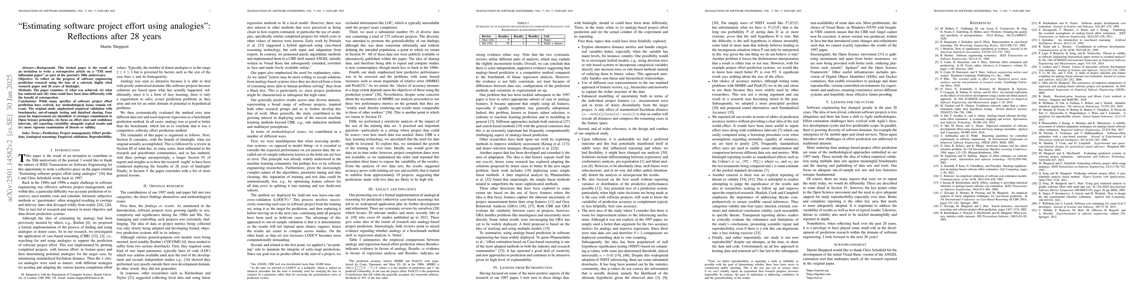 Thumbnail for "Estimating software project effort using analogies": Reflections after
  28 years