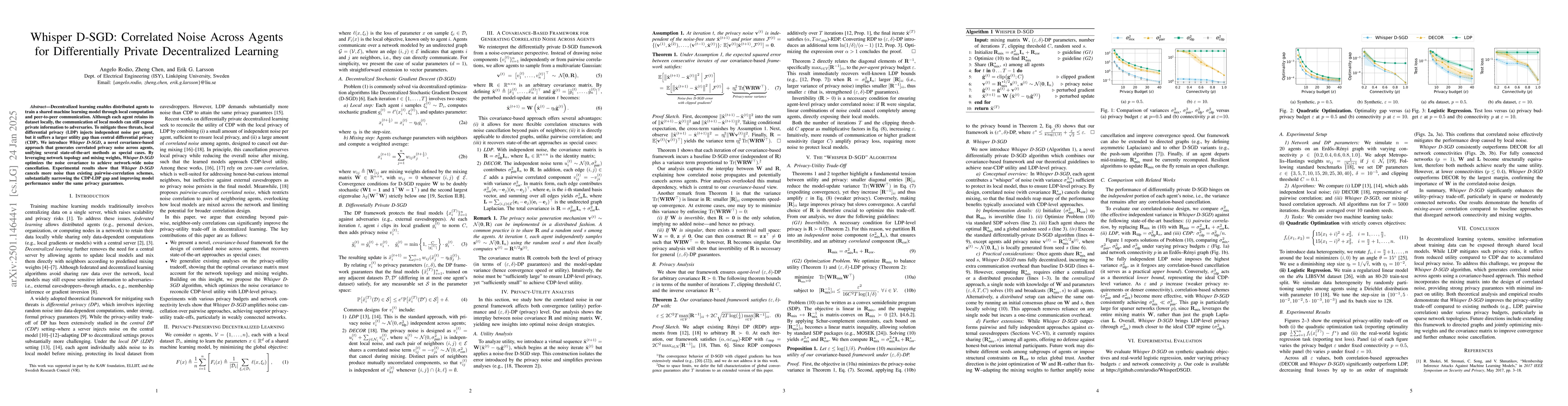Thumbnail for Whisper D-SGD: Correlated Noise Across Agents for Differentially Private
  Decentralized Learning
