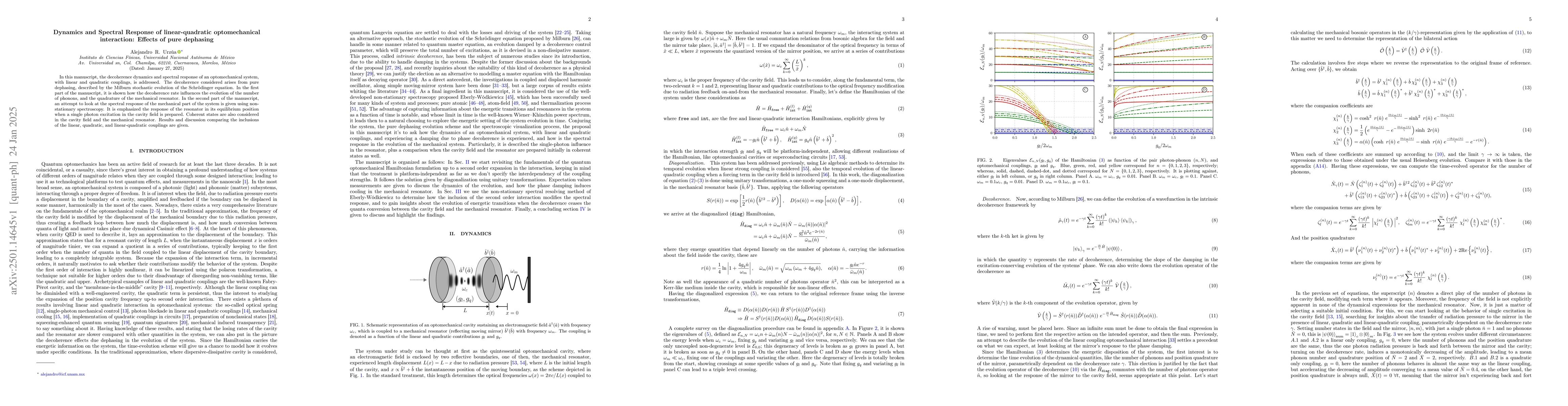 Thumbnail for Dynamics and Spectral Response of linear-quadratic optomechanical
  interaction: Effects of pure dephasing