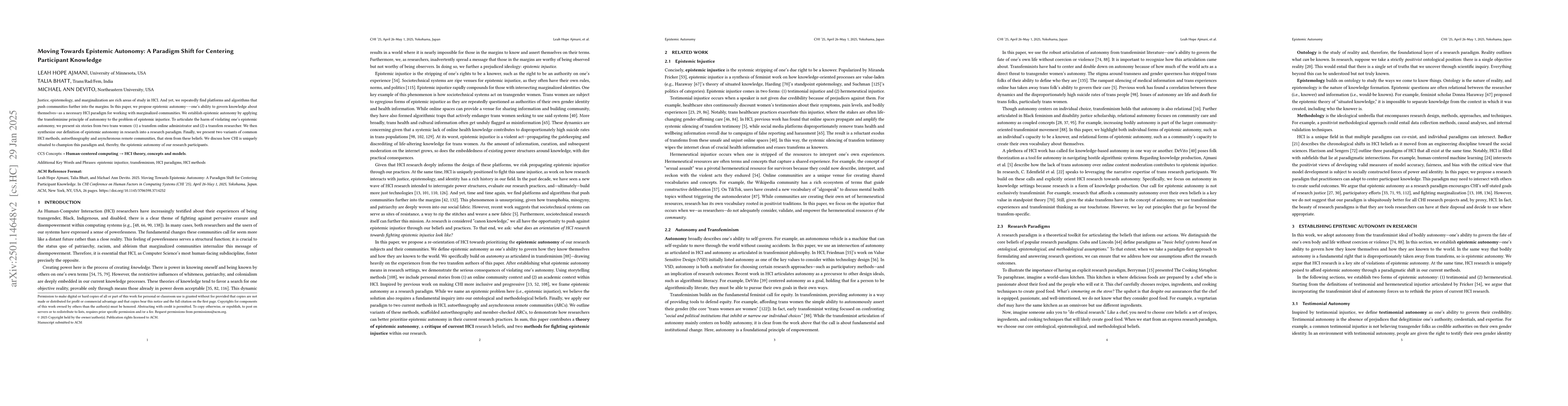 Thumbnail for Moving Towards Epistemic Autonomy: A Paradigm Shift for Centering
  Participant Knowledge