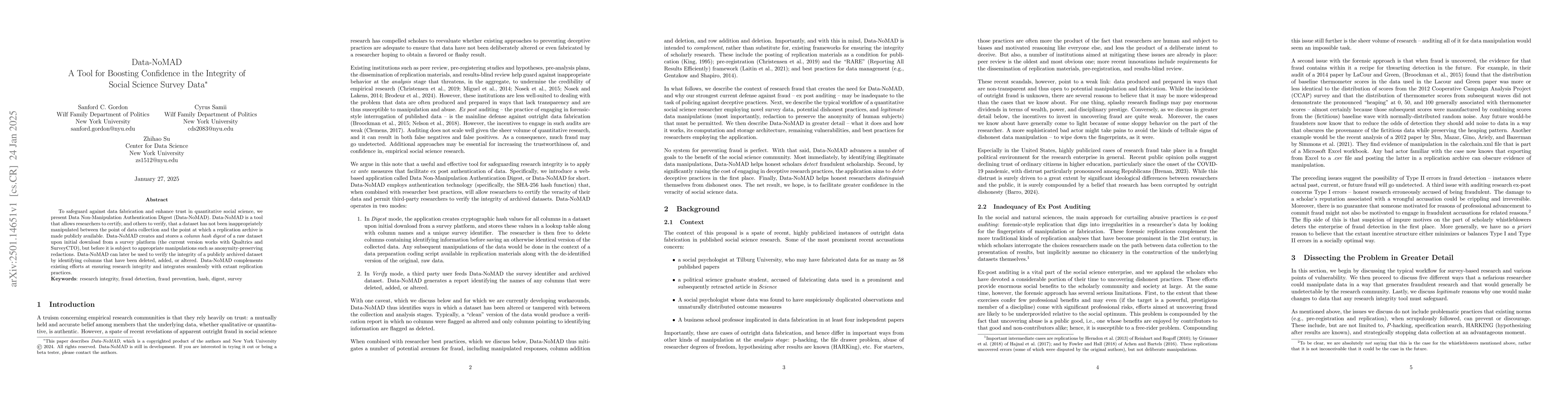 Thumbnail for Data-NoMAD: A Tool for Boosting Confidence in the Integrity of Social
  Science Survey Data