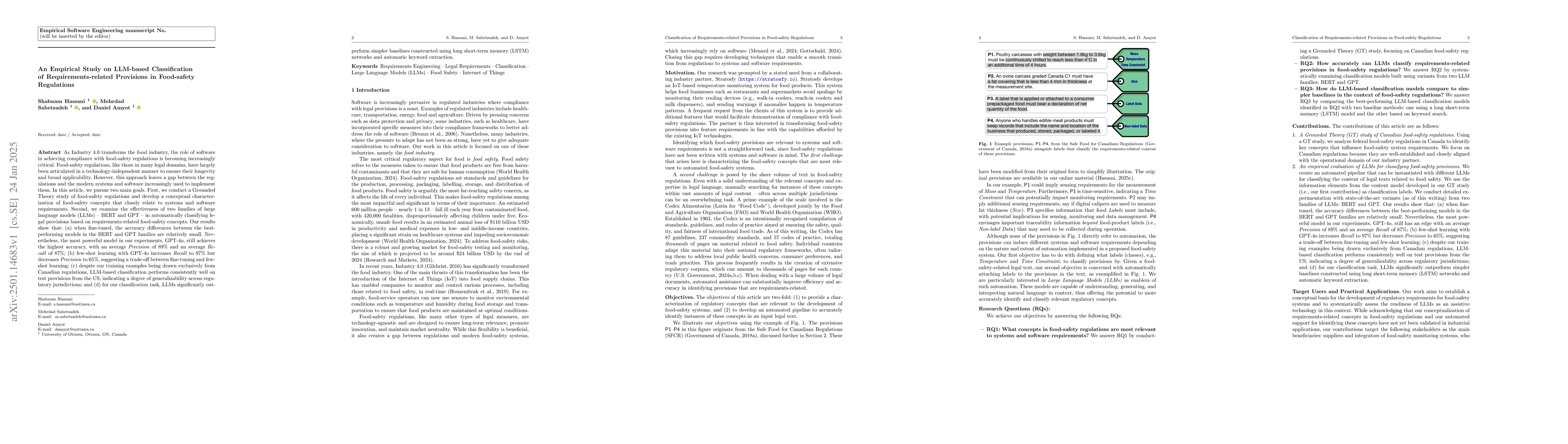 Thumbnail for An Empirical Study on LLM-based Classification of Requirements-related
  Provisions in Food-safety Regulations