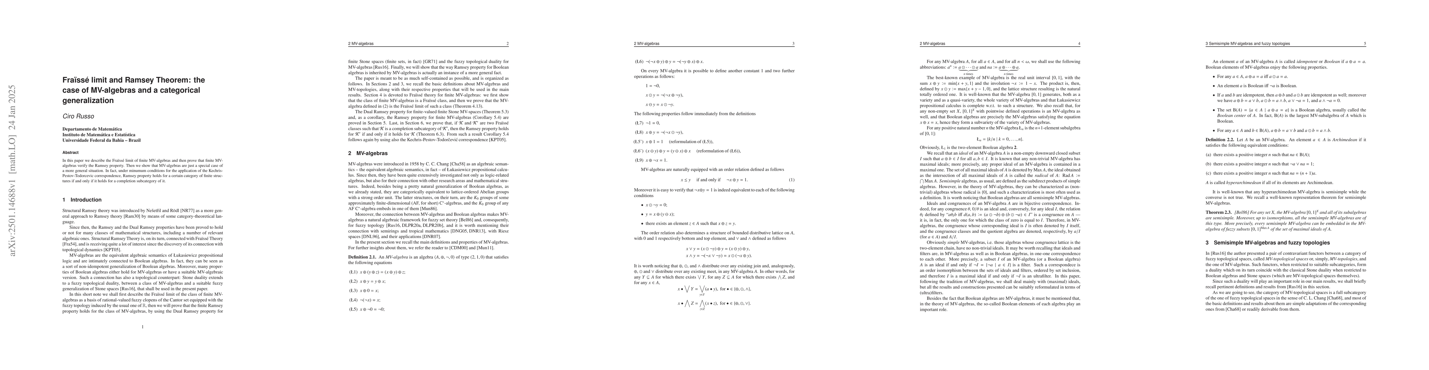 Thumbnail for Fraïssé limit and Ramsey Theorem: the case of MV-algebras and a
  categorical generalization