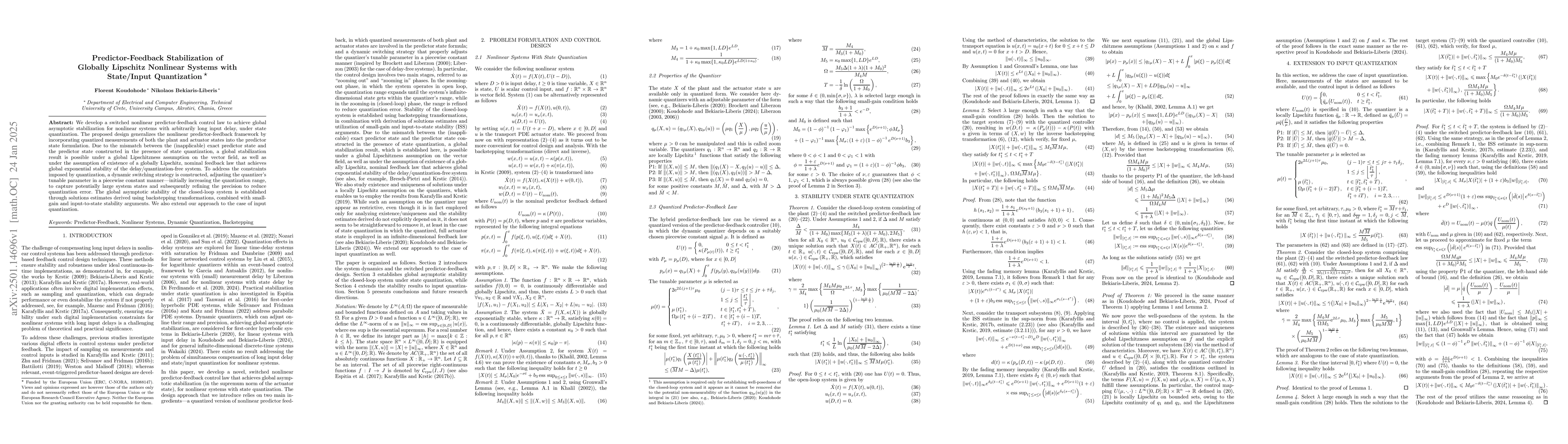 Thumbnail for Predictor-Feedback Stabilization of Globally Lipschitz Nonlinear Systems
  with State and Input Quantization