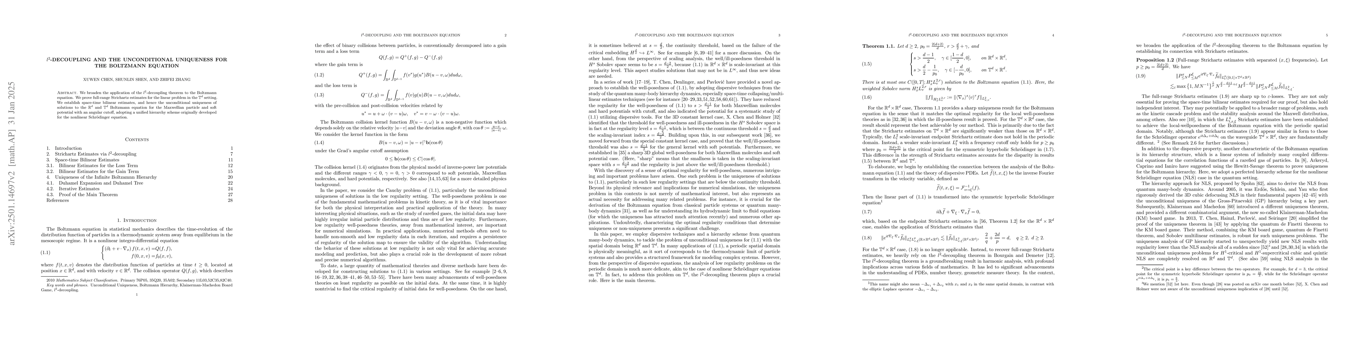 Thumbnail for $l^{2}$-decoupling and the unconditional uniqueness for the Boltzmann
  equation